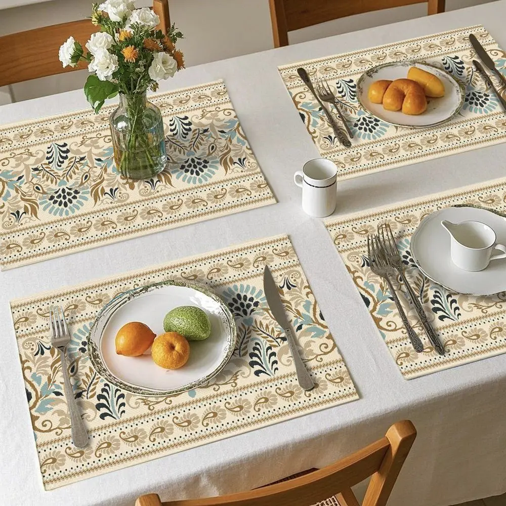 Ethnic Beige Printed Placemat, Non-Slip Table Pad, Plate Protector Suitable for Daily Home Use and Wedding Dining Decoration