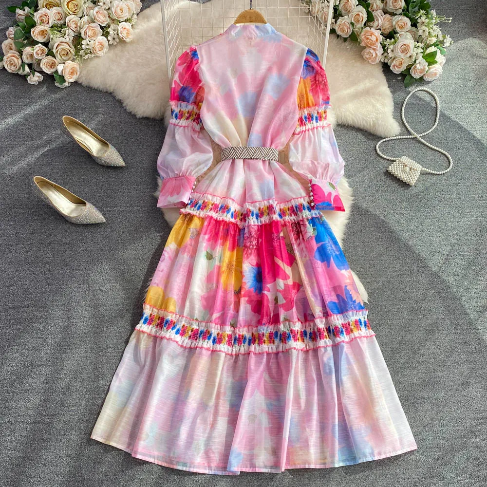 Elegant Casual Women\'s Dresses Fashion Chic Ruffles Irregular Printed Long Dress Holiday Woman Clothing With Belt Vestidos SL305