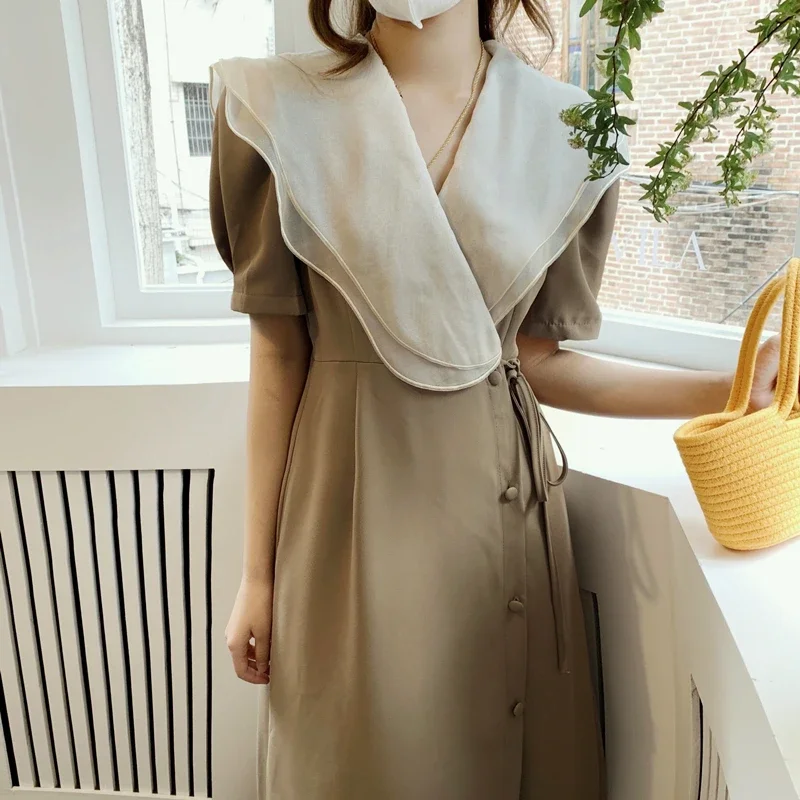 

Summer Vintage Long Dress 2024 New Female Double Layer Ruffled Collar Lacing Up Slim Waist Lace-up Elegant Women Dresses