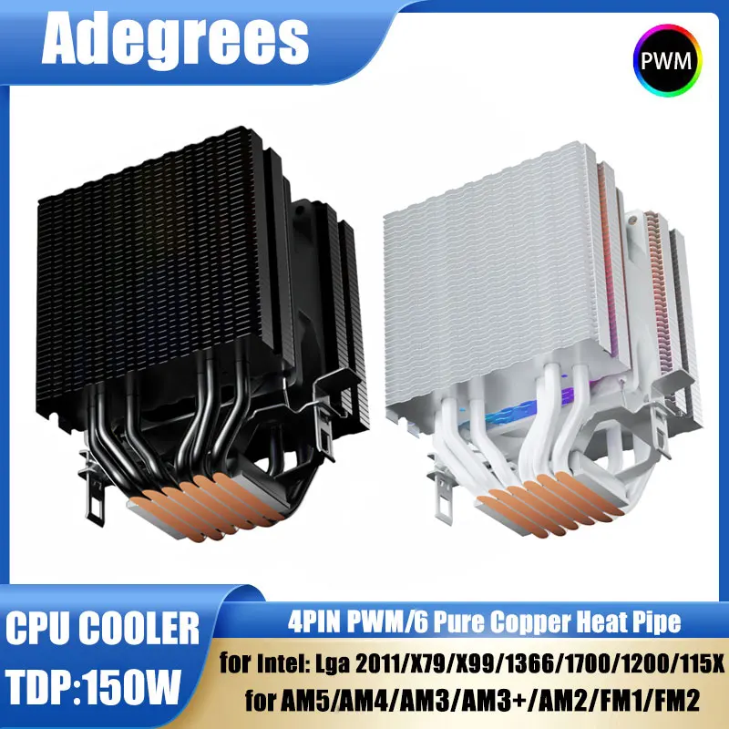 Enfriador de CPU con 6 tubos de calor AM4, torres RGB en negro/blanco, ventilador de refrigeración para Intel LGA 1150 1151 1156 1366 1200 1700 2011 X99 AMD AM3 AM5