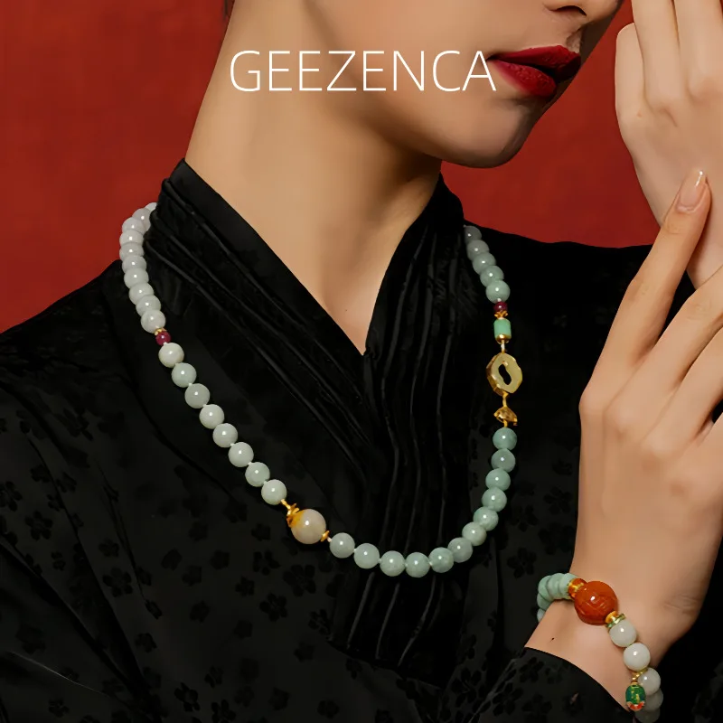 

GEEZENCA Natural Jadeite Beaded Strand Chain Sweater Necklace Women 925 Silver Jasper White Jade 60CM Necklaces Luxury Gift Her