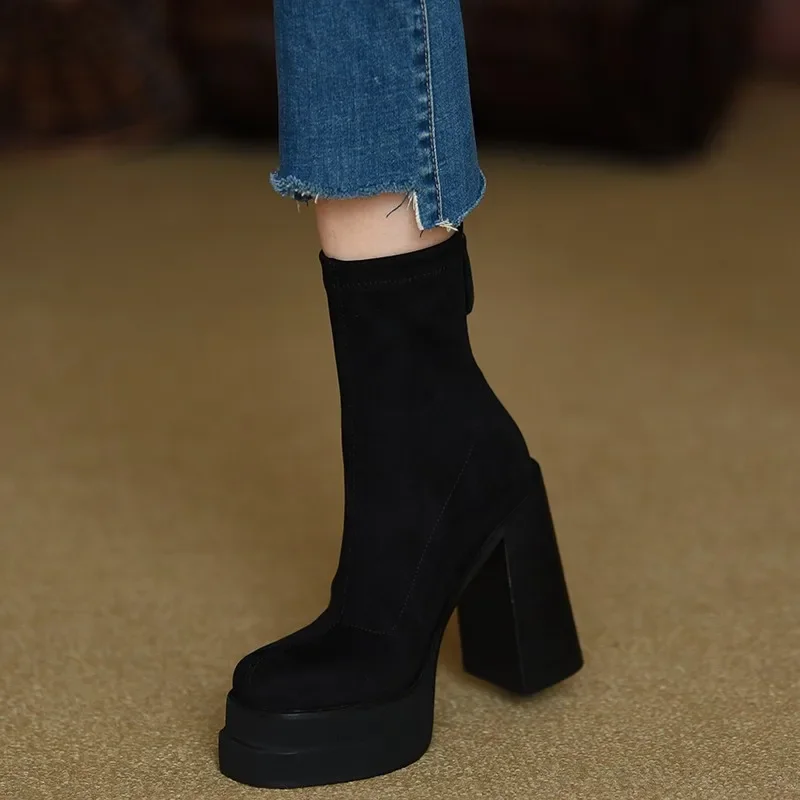 Shoes for Women 2023 Fashion Winter Women Boots Mid-Calf Solid Color Flock High Heels Water Proof Zipper Chunky Heel Shoes Women