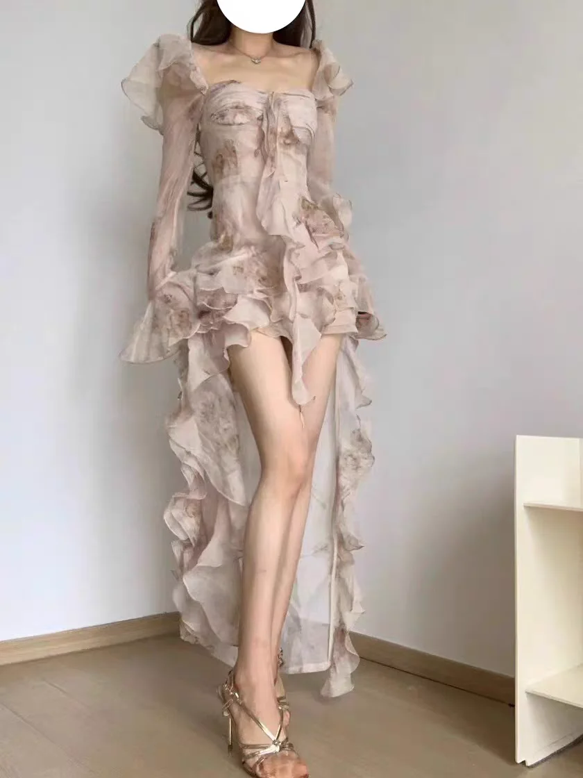 

Summer Women Dresses Women 2025 Autumn New Style Off Shoulder Ruffle Flower Short Front Long Back Dresses