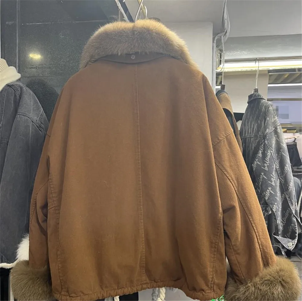Real fox fur collar denim jacket for women winter 2023 new plush thickened casual loose warm cotton coat Y4470