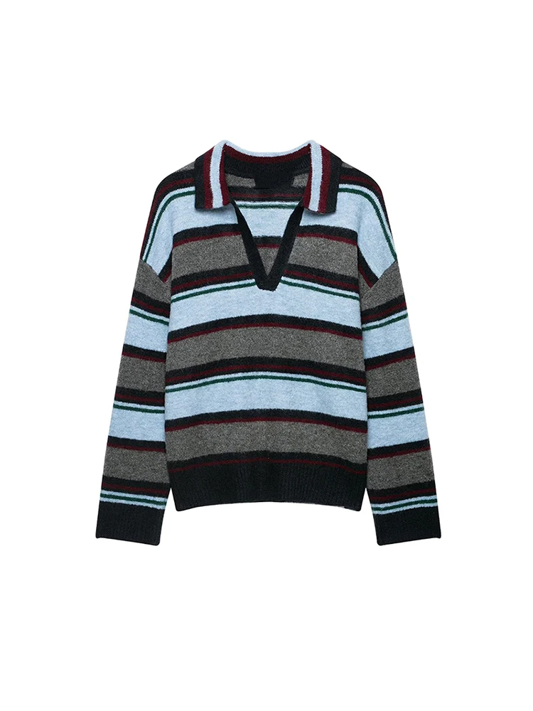 TFMLN Women Striped Polo Shirt Elegant Casual Knit Color Blocked Long Sleeve Lapel Sweater 2026 Autumn Winter Vacation Outfit