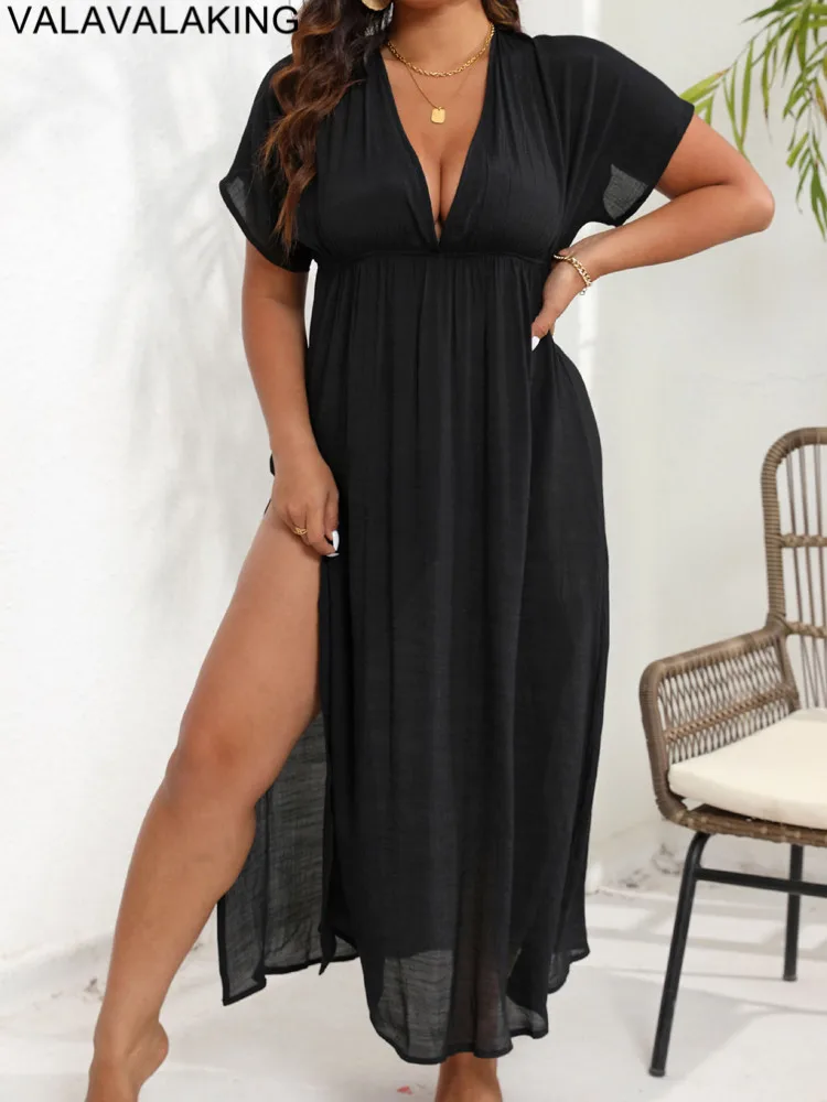 2025 Women Solid Plus Size Cove Up Short Sleeve Large Loose Big Tunic Lady Chubby Beach Dress Brazilian Mesh Swimsuit Cover-Up