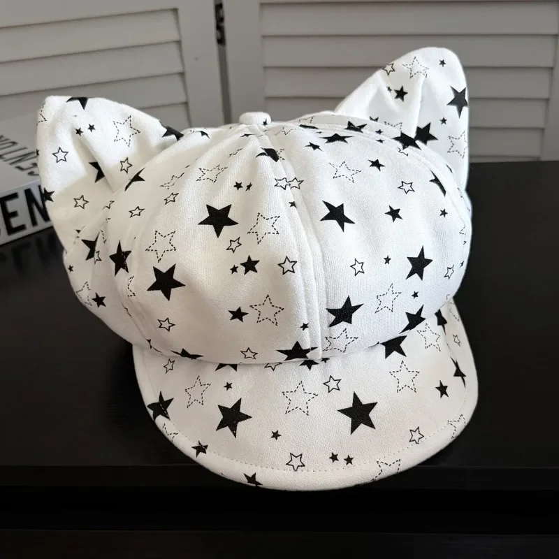 Women's Spring Summer Cat Ear Octagonal Beret Hat Cute Versatile Slim Face Cap