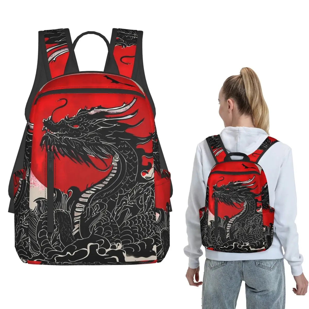 

Japanese Dragon And Red Sun Backpack Large Capacity Kids BookBag School Bag Shoulder Bags for Men Women