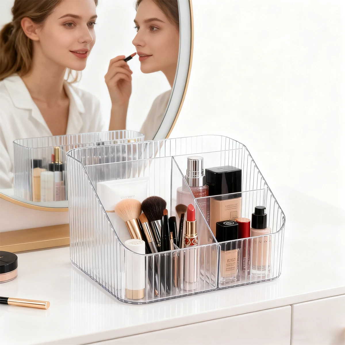 Caixa de Armazenamento de Cosméticos Transparente com Padrão Vertical de 4 Divisórias, Adequada para Acessórios de Banheiro e Organizador de Mesa de Escritório