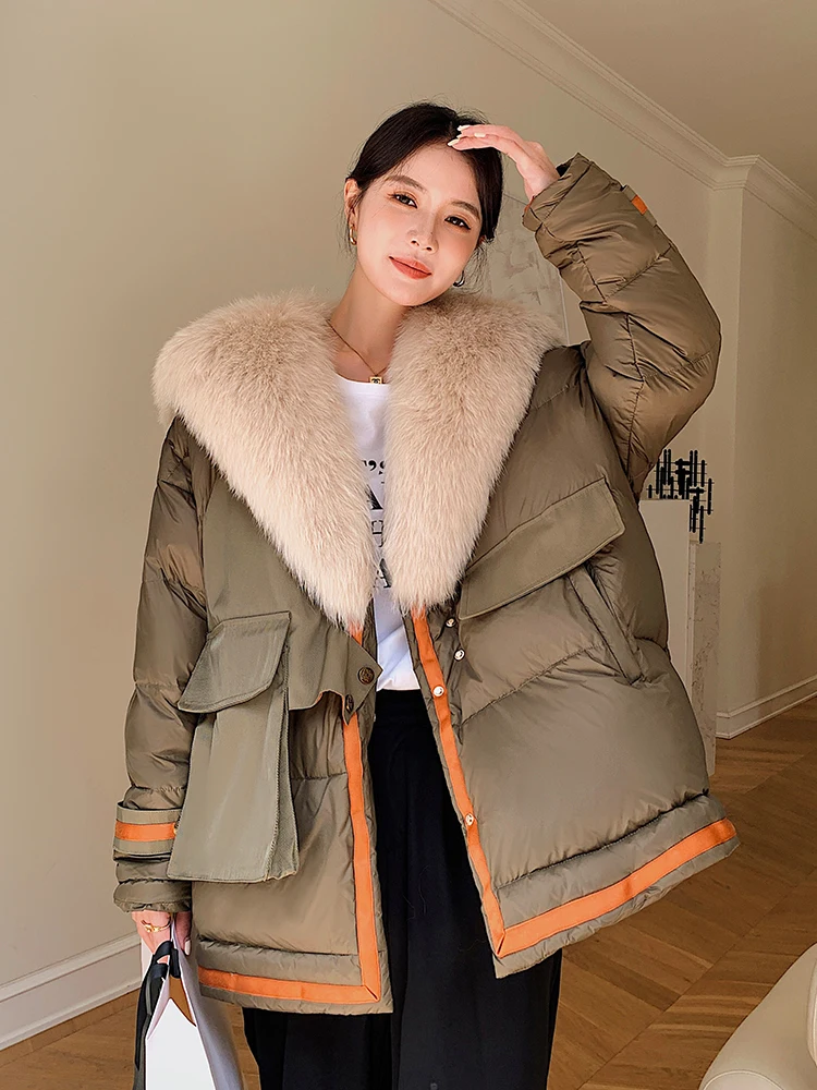 High Quality 100% Fox Fur Collar Coat Women Winter Warm Linner White Duck Down Coat Loose Thicken Parkas Female