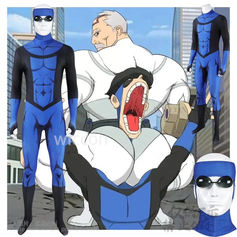 Markgraysonn Invincibeee Cosplay Customized Costume Blue Jumpsuit Bodysuit Battle Uniform Mask Glasses Punk Man Halloween