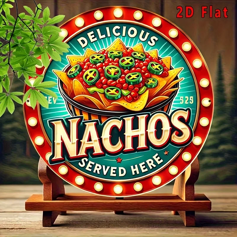 2D-Flachform, 1 Stück pro Packung, rundes Retro-Holzschild mit der Aufschrift „Hier präsentieren wir Ihnen köstliche Nakos-Snacks“