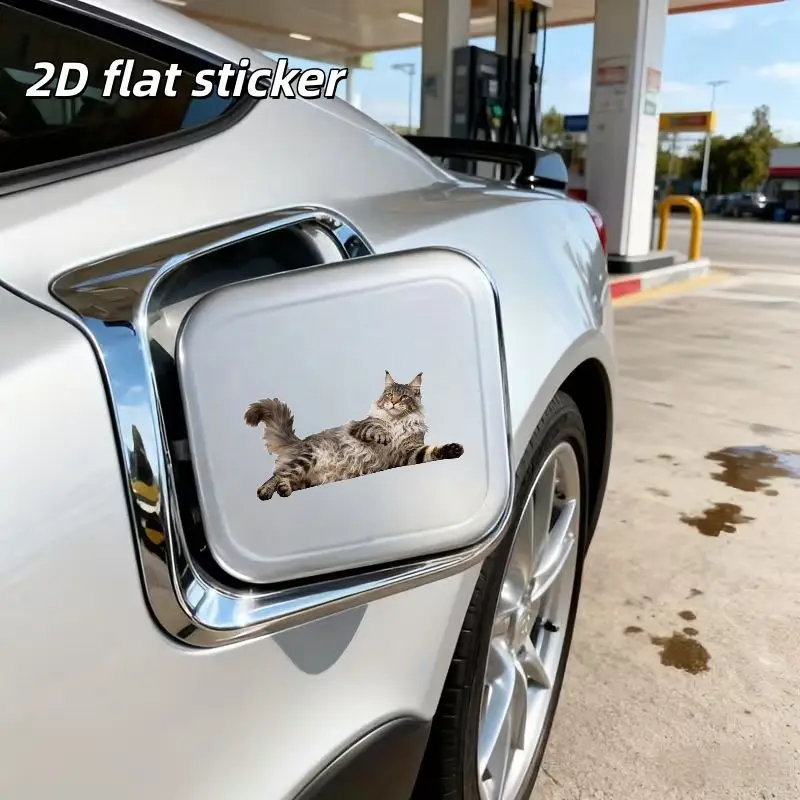 1 unidad de pegatina plana 2D para tapa de tanque de combustible de coche con diseño de gato Maine Coon, calcomanía de gato de pelo largo y esponjoso gris y blanco, estilo relajado y divertido