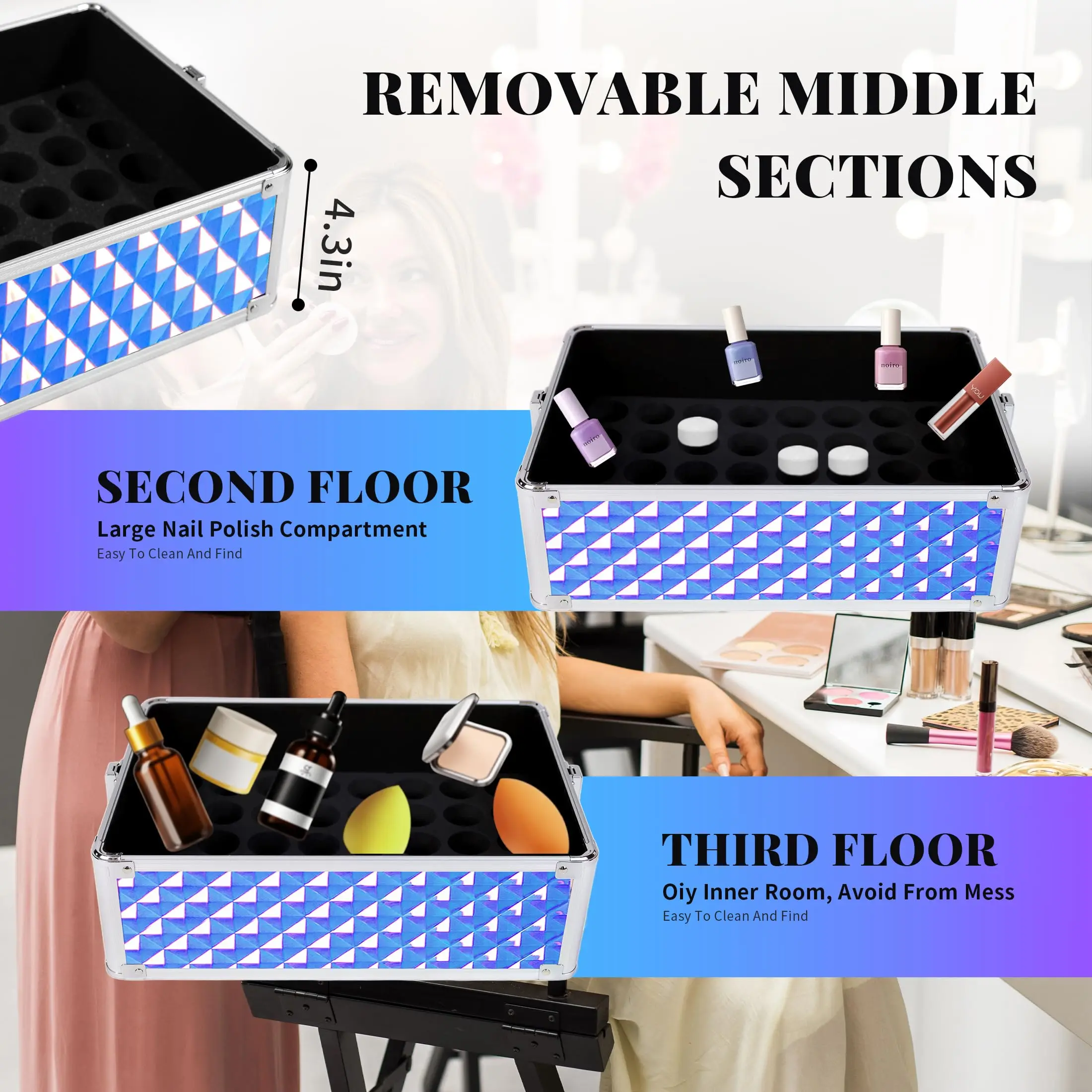 Rolling Makeup Train Case 4 in 1 Detachable Large Capacity Makeup Travel Case with Key Salon Barber Cases Traveling Cart Trunk