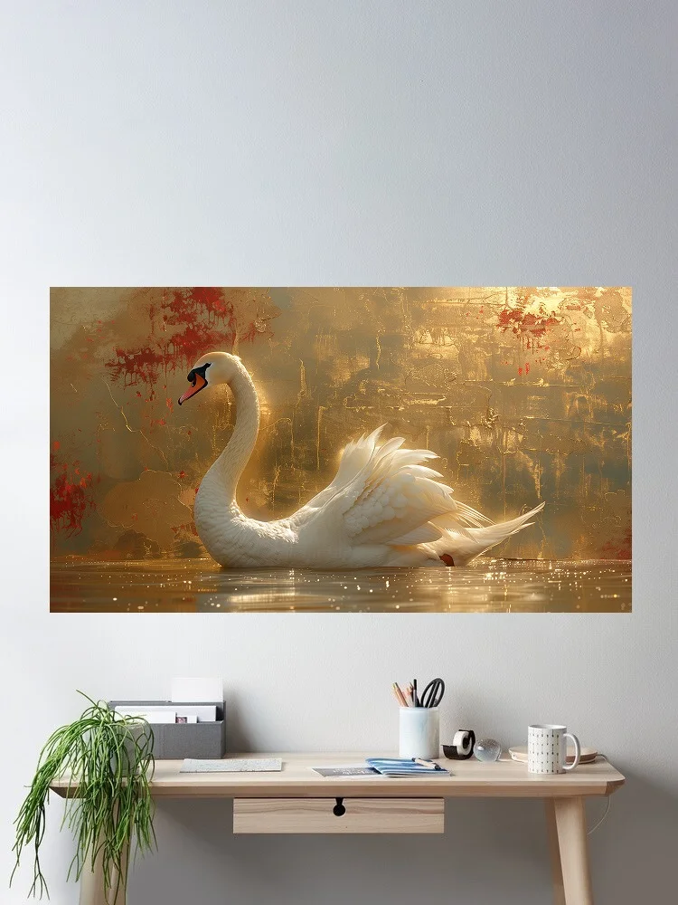 

Elegant Swan on Golden Waters Art Print Canvas Poster, Living Room Decor, Home Wall Picture