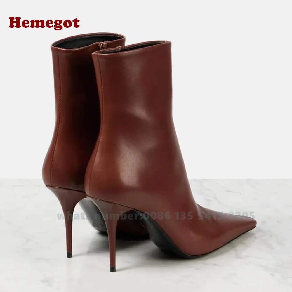 Red Brick Glossy Ankle Boots Pointed Toe Side Zipper Women\'s Short Booties Thin High Heels Solid Winter Designer Shoes Plus