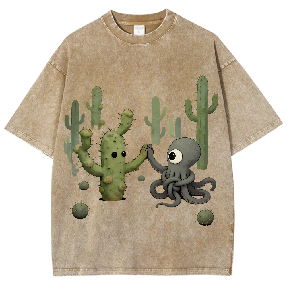 선인장 & 문어 패턴 티셔츠 오버사이즈 반팔 유니섹스 티셔츠 코튼 핏 캐주얼 아웃도어 웨어 베이직 프레시 디자인 2025