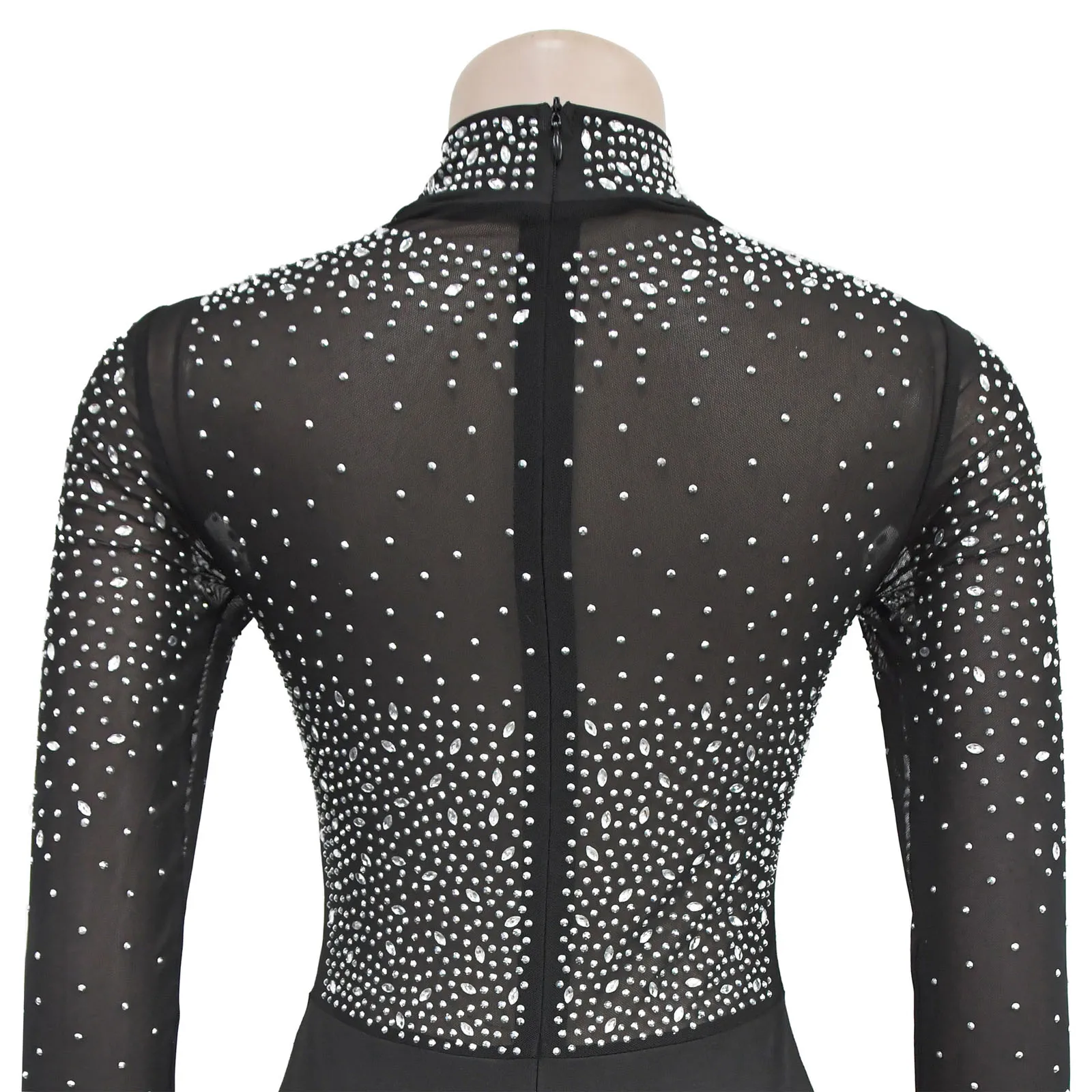 ชุดจั๊มสูทออกกำลังกายสำหรับผู้หญิง ประดับด้วยกลิตเตอร์และคริสตัล เหมาะสำหรับการเต้นรำ ยิมนาสติก ฟิกเกอร์สเก็ต แบบชิ้นเดียว ผ้าตาข่ายโปร่ง แขนยาว