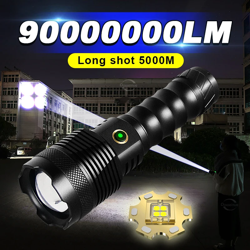 

90000000LM Strong Light Rechargeable LED Flashlight Zoom Tactical Torch Ultra Powerful Outdoor Flash Light Camping Fishing Lamp