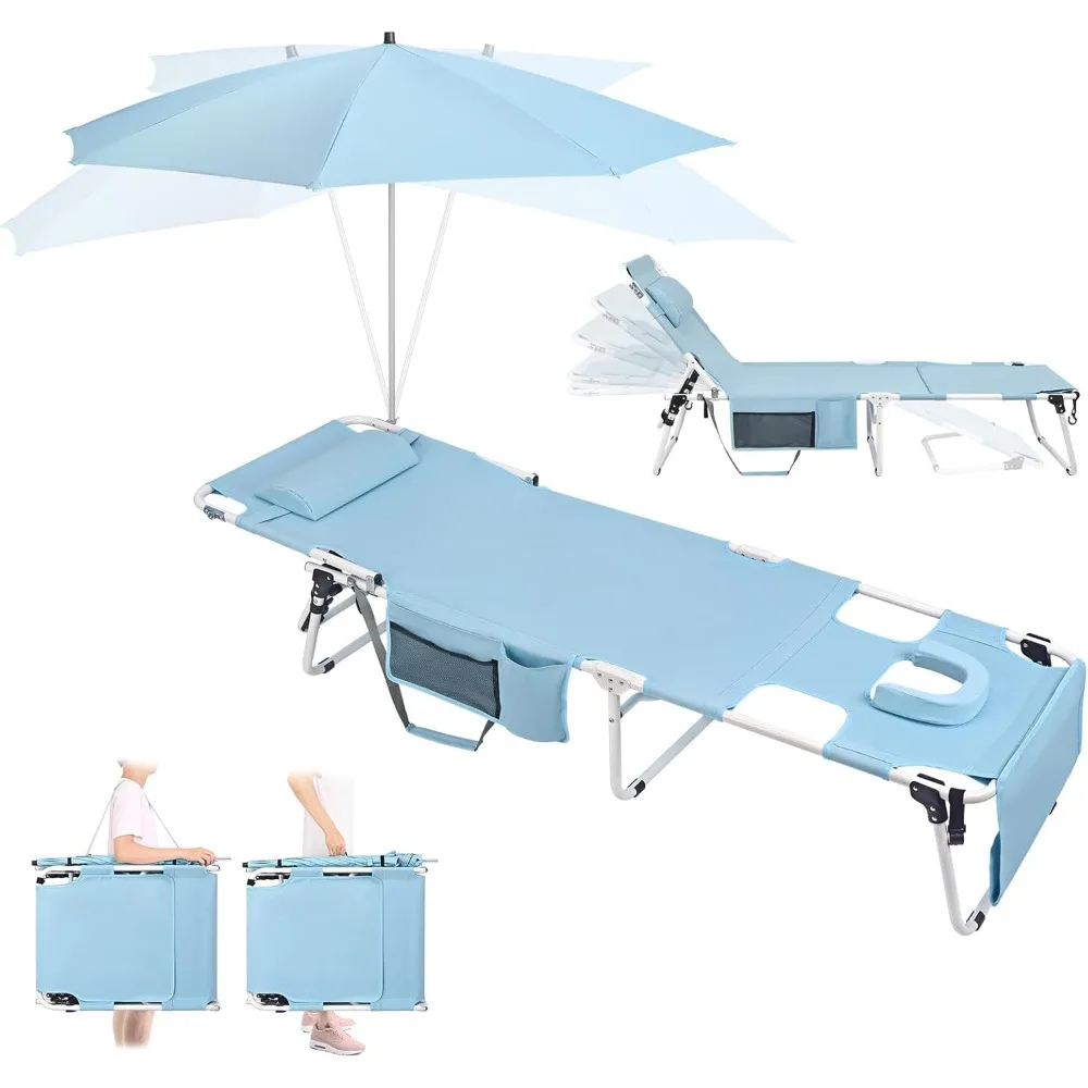 

Tanning Chair, Lounge Chair with UPF 50+ 360° Adjustable Large Umbrella, Heavy Duty Folding Tanning Chair