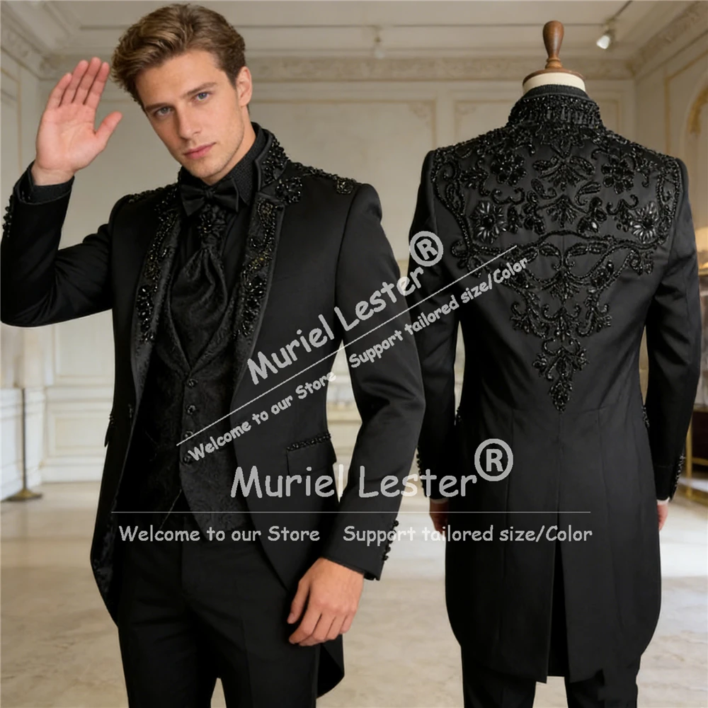 

Итальянские дизайнерские костюмы для мужчин на свадьбу, с бисером и камнями, длинные, на заказ, для жениха, формальная одежда, смокинг, комплекты из 3 предметов, костюмы для мужчин