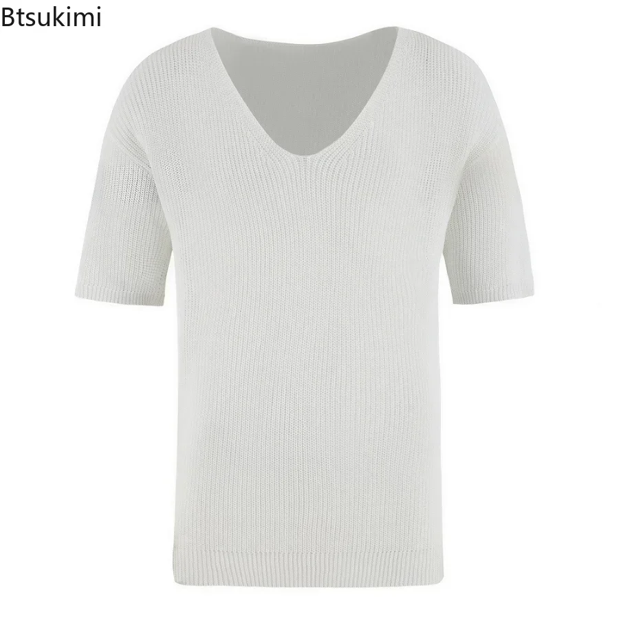 New 2024 Men\'s Summer Short Sleeve Knit Tops Shirts Casual V-neck British Loose Shirts Male Solid Shirts for Men Fashion Tops