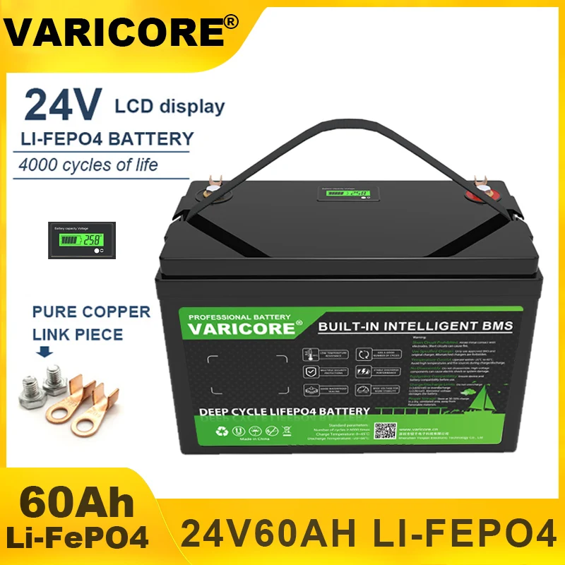 VariCore 24V 100Ah 60Ah LiFePO4 Bateria Lítio Ferro Fosfato para Carrinho de Golfe Barco Carro Isqueiro Baterias 29.2V Carregador Duty-free