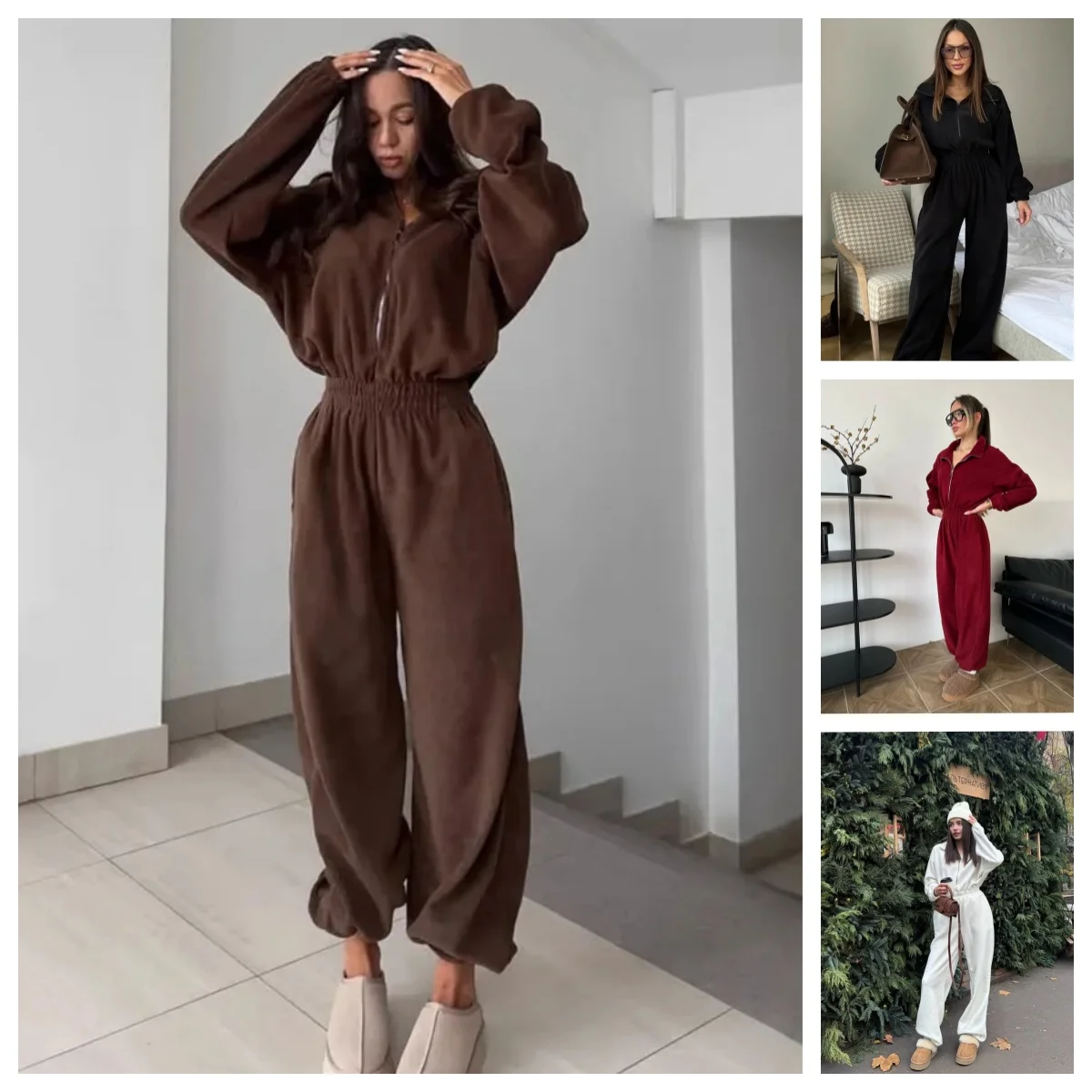 

Woman Clothing Fashion Long-sleeved Jumpsuit Women's Set Zipper Casual Semi-open Elastic Waist Jumpsuit Elegant Sports Jumpsuit
