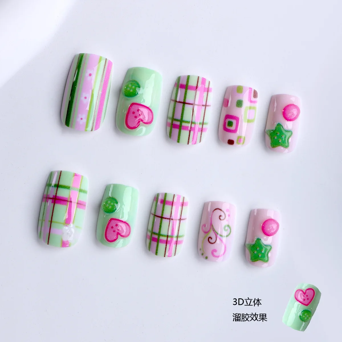 24pcs Square Shaped Y2k False Nails Star Love Heart Button Colorful Stripes Plaid Press On Nails Dopamine Vintage Ins Fake Nail