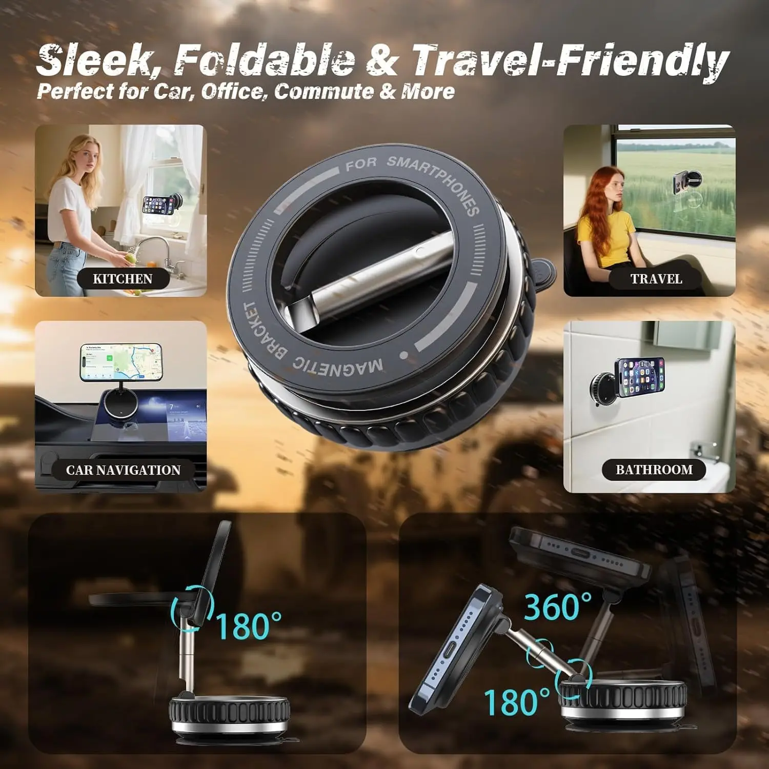 2025 신형 조절 및 접이식 마그네틱 차량용 휴대폰 거치대 N52 강력 자석 360도 회전 °   회전식 진공 흡입 컵 마운트