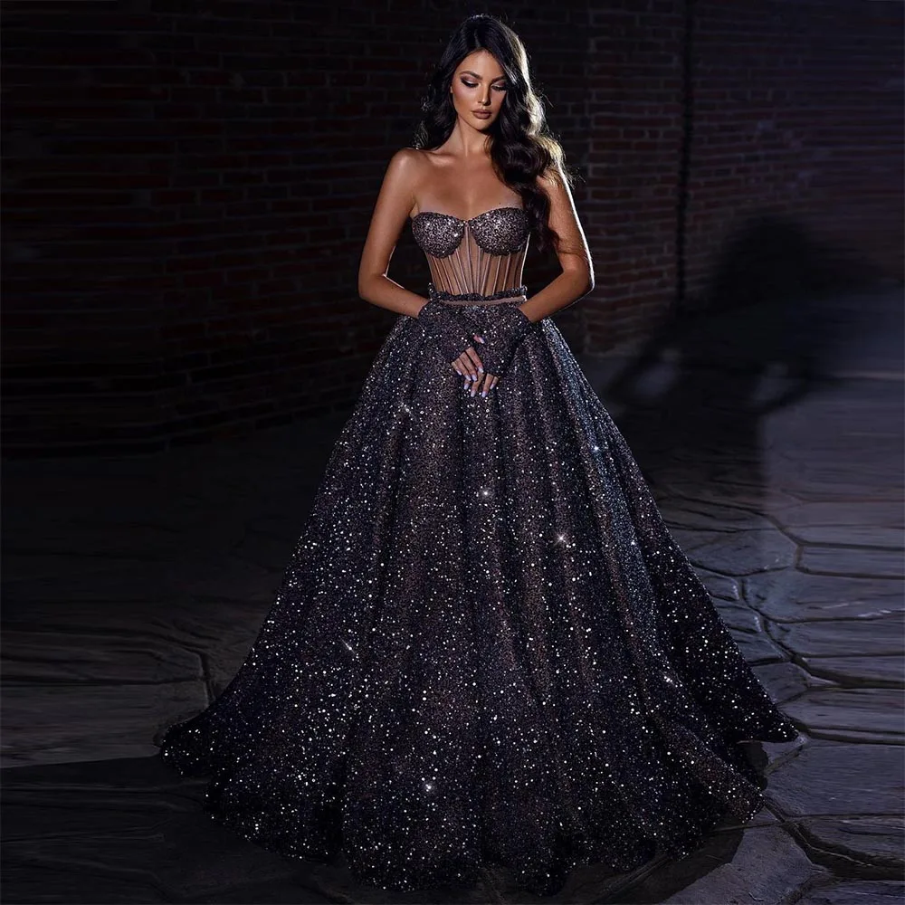 

2023 Sparkle Sequined Prom Dresses Sleeveless Sweetheart A-Line Long Evening Wedding Party Gowns Vestido Fiesta Mujer Elegante