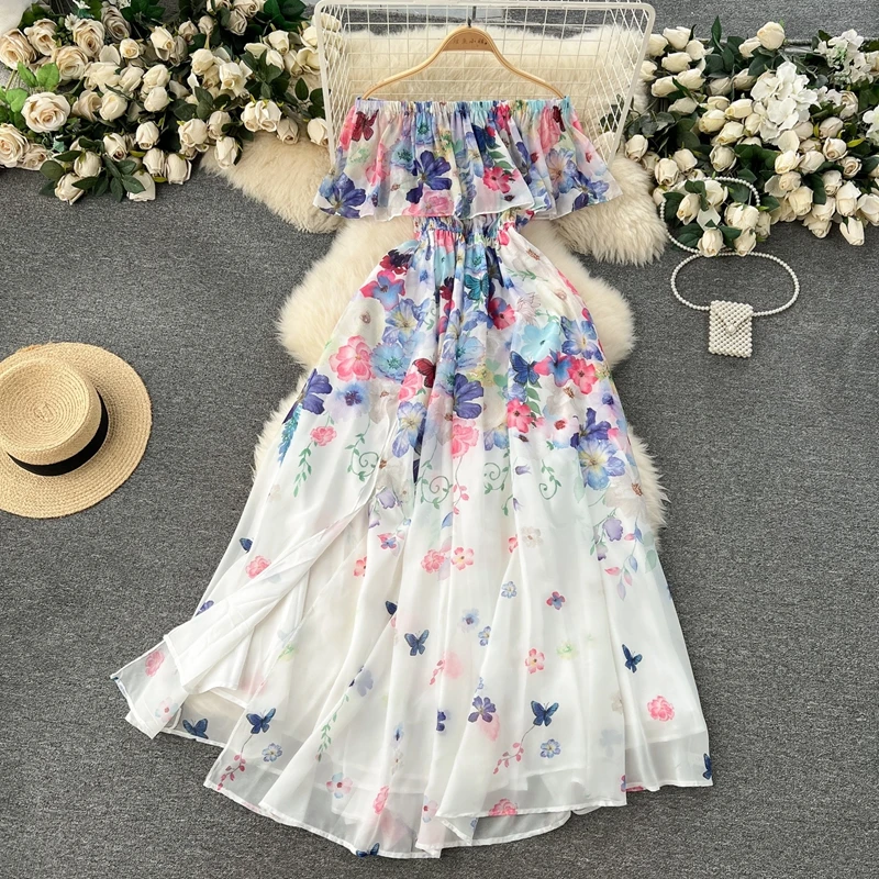 2024 New Flower Series Travelling Holiday Dress Women's Ruffle Off the Shoulder Chiffon Long Fairy Dress