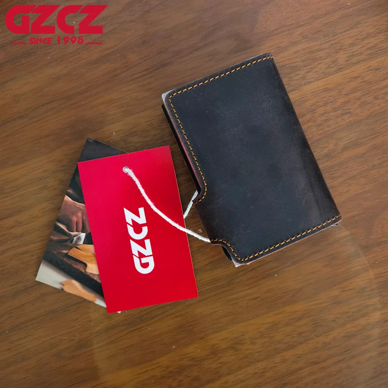 GZCZ RFID men's credit card holder genuine leather wallet automatic pop-up multi-functional bank card holder