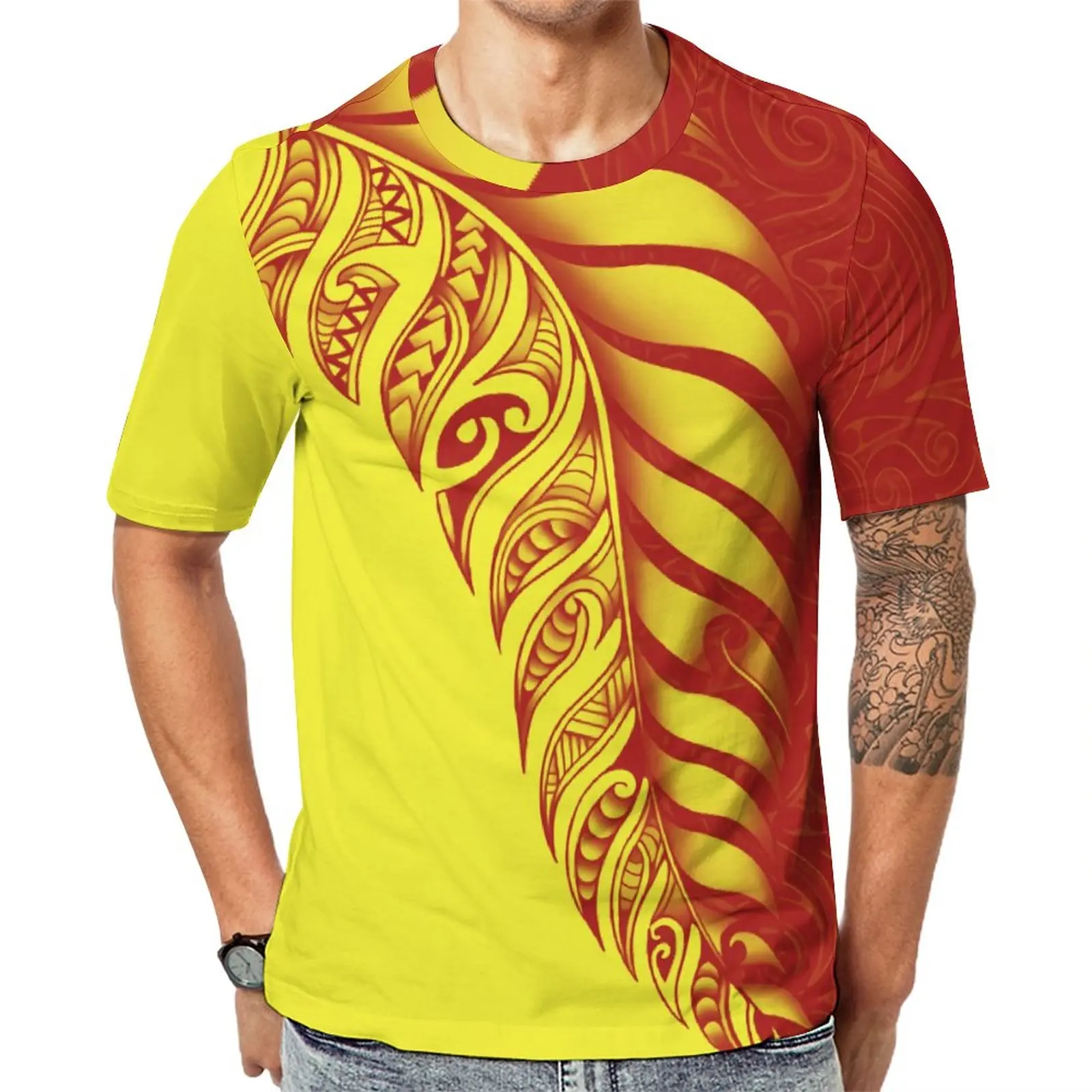 

Low Price Wholesale Polynesian Traditional Tribal Pattern Hawaiian Print T-shirt Summer Breathable T-Shirt Blank Top Design