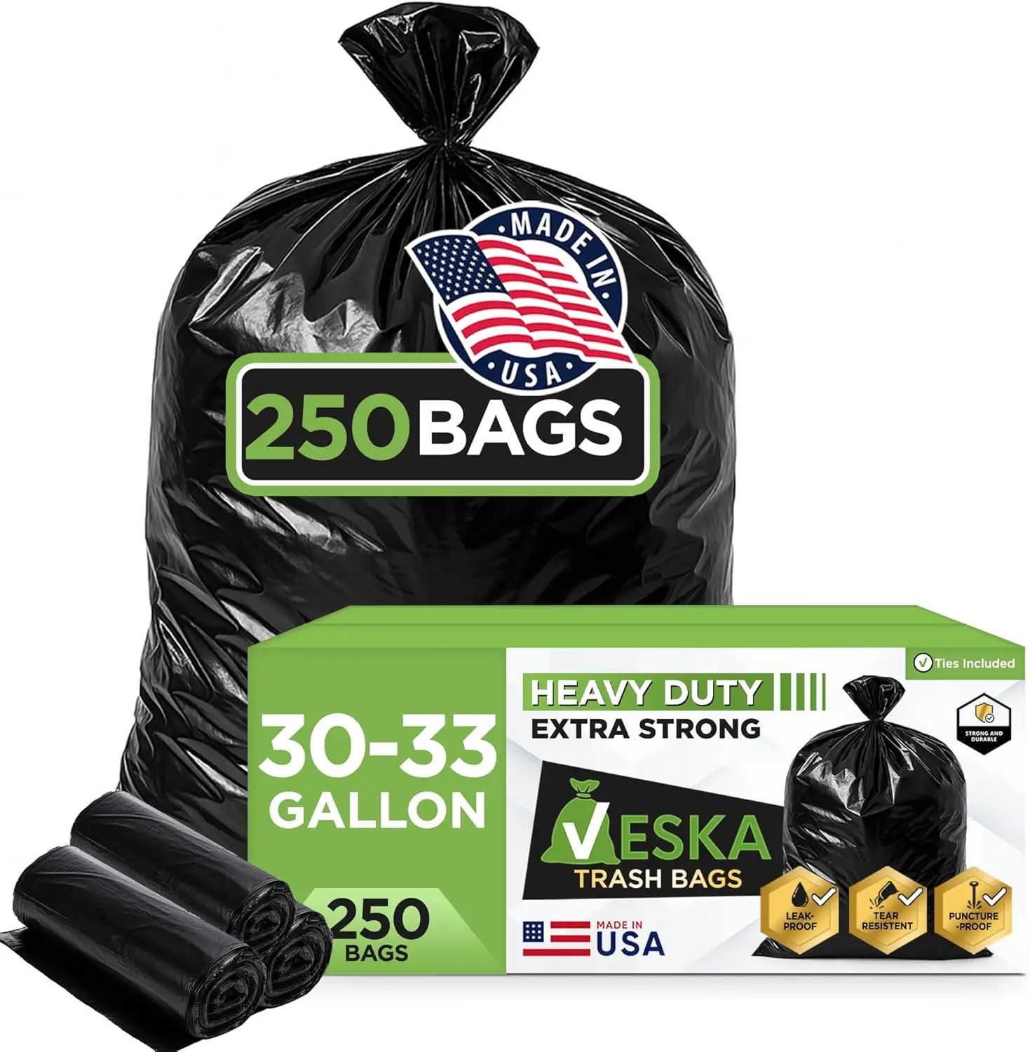 

Heavy Duty 30-33 Gallon Trash Bags, 250 Count Mega Pack, Black Large Garbage Liners