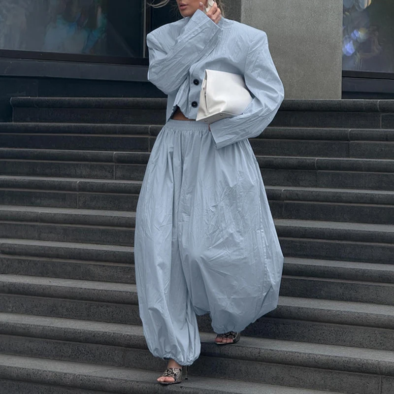 

Модный повседневный женский комплект в стиле High Street: однотонный костюм для работы и отдыха, весенний топ с отложным воротником и длинными рукавами и брюки с широкими штанинами