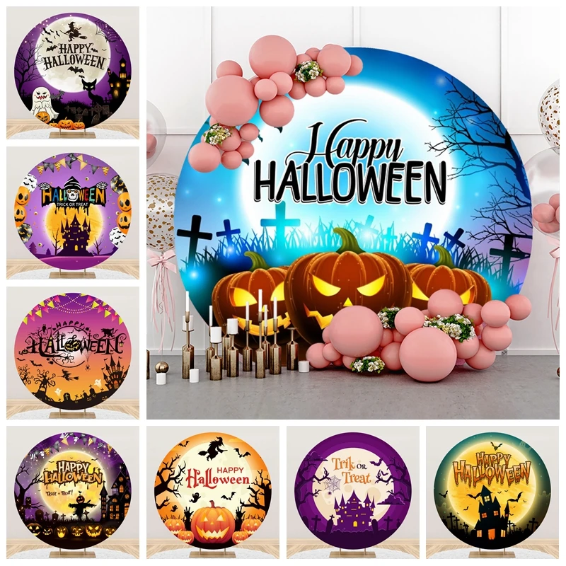 Happy Halloween Round Backdrop Cover for Photography Scary Night Moon Pumpkin Lantern Circle Background Photo Studio Props