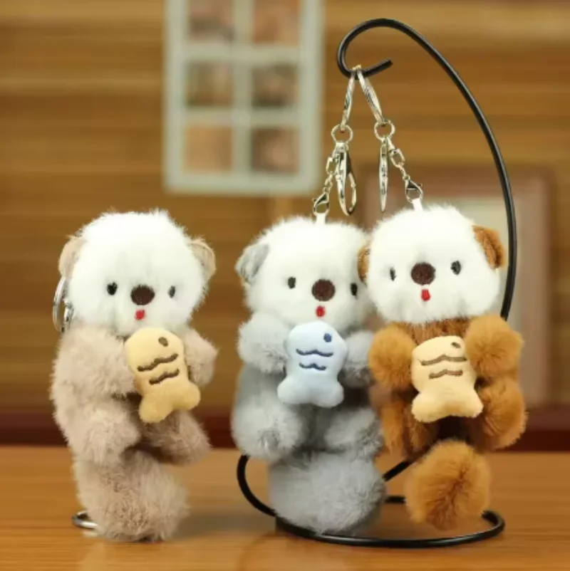 Cute Plush Otters Holding Fish Keychain Stylish Backpack Keyrings Lovely Animal School Bag Key Wallet Pendant Toy Student Gift