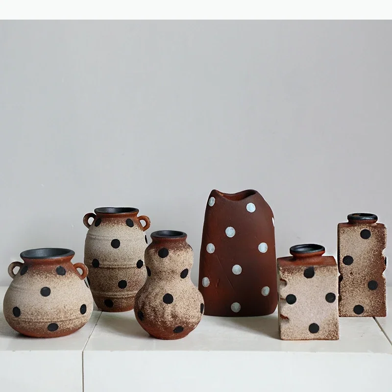 Retro Polka Dot Coarse Ceramic Flower Vase Ceramic Vase Flowerpot Vases Handmade Polka Dot Pot Home Decoration Accessories