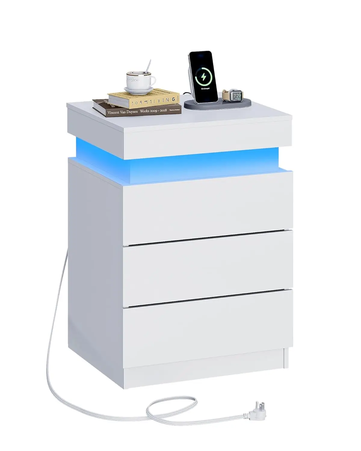

White Nightstand With Charging Station & LED Lights, Night Stand With 3 Drawers And Sliding Top, Modern Bedside, Customized