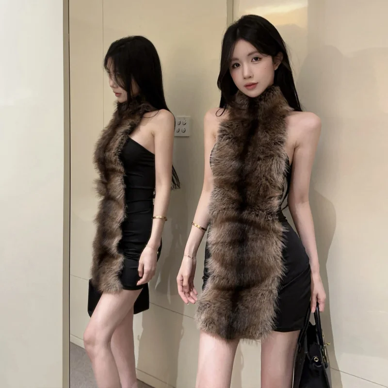 

8140Европа и Америка 2026 Оптовая трансграничная торговля: облегающее платье-боди с открытой спиной, на бретельках, из искусственного меха и плюша