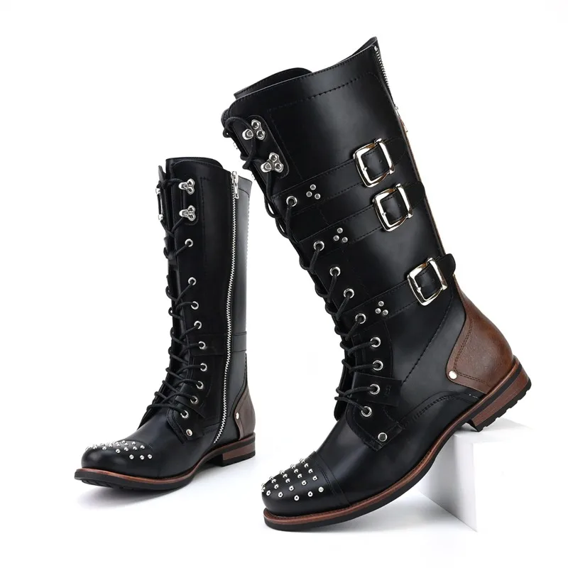 Mens Boots Retro Rivets Motorcycle Boots for Men Designer Belt Buckle Leather Knight Boot Comfortable Western Boots Botas Hombre view 4
