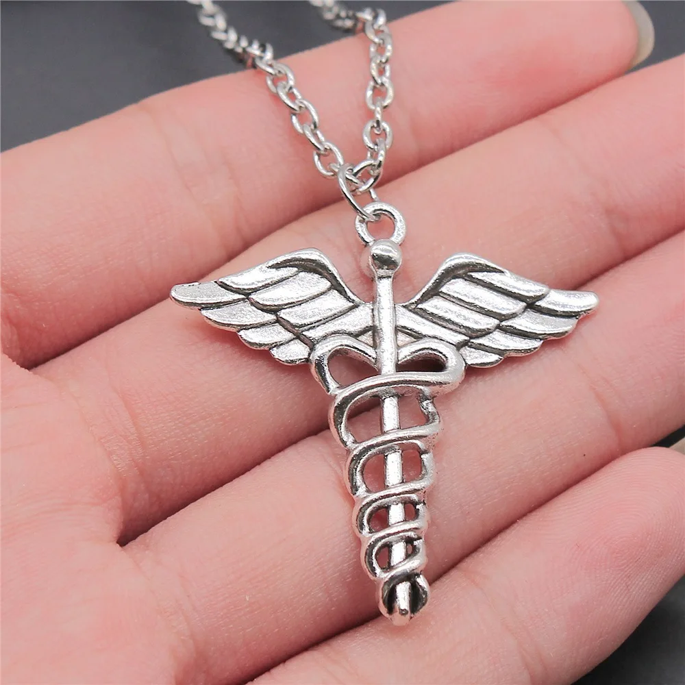 Vintage Antique Silver Plated 40x40mm Caduceus Medical Symbol Pendant Necklace For Women Men Long Chain Jewelry Accessories