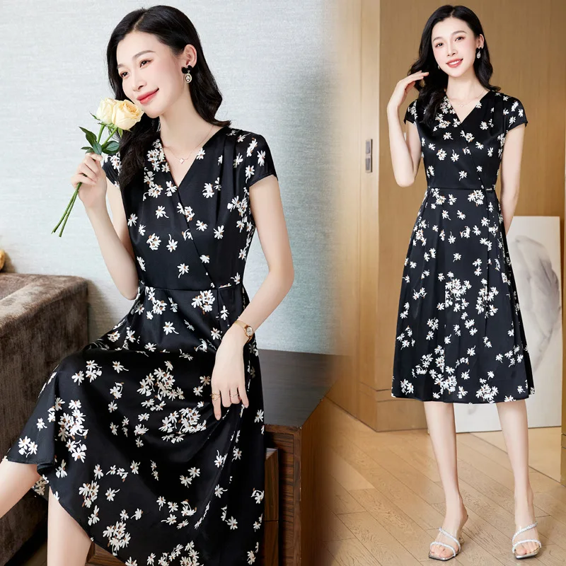 V-neck elegant intellectual all-match fashion silk dress