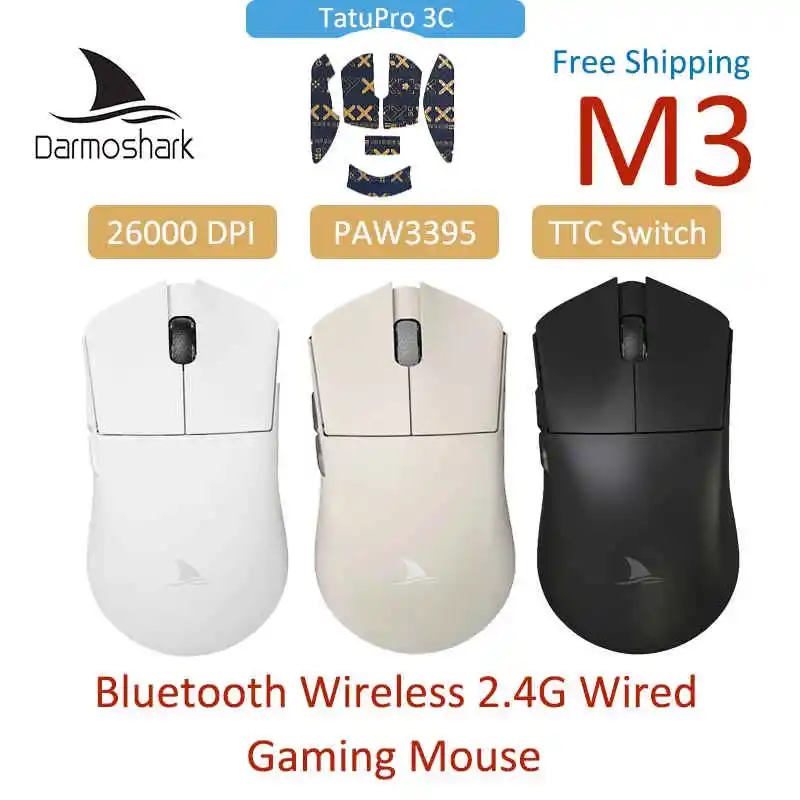 Darmoshark M3 Gaming Mice Black&Gold Anti-Skid Sticker Combo ESports Bluetooth Wireless Wired TTC Switch Optical 26000DPI Mouse