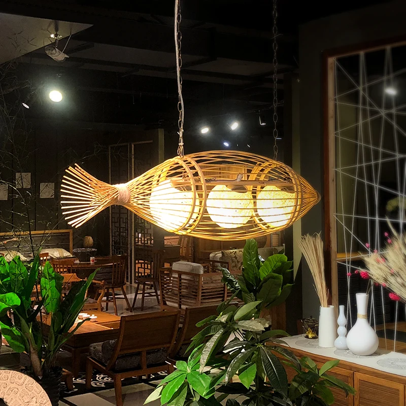

Japanese bamboo fish-shaped chandelier, Chinese Zen creativity, personality hotel restaurant lamp, art hotel club decorative