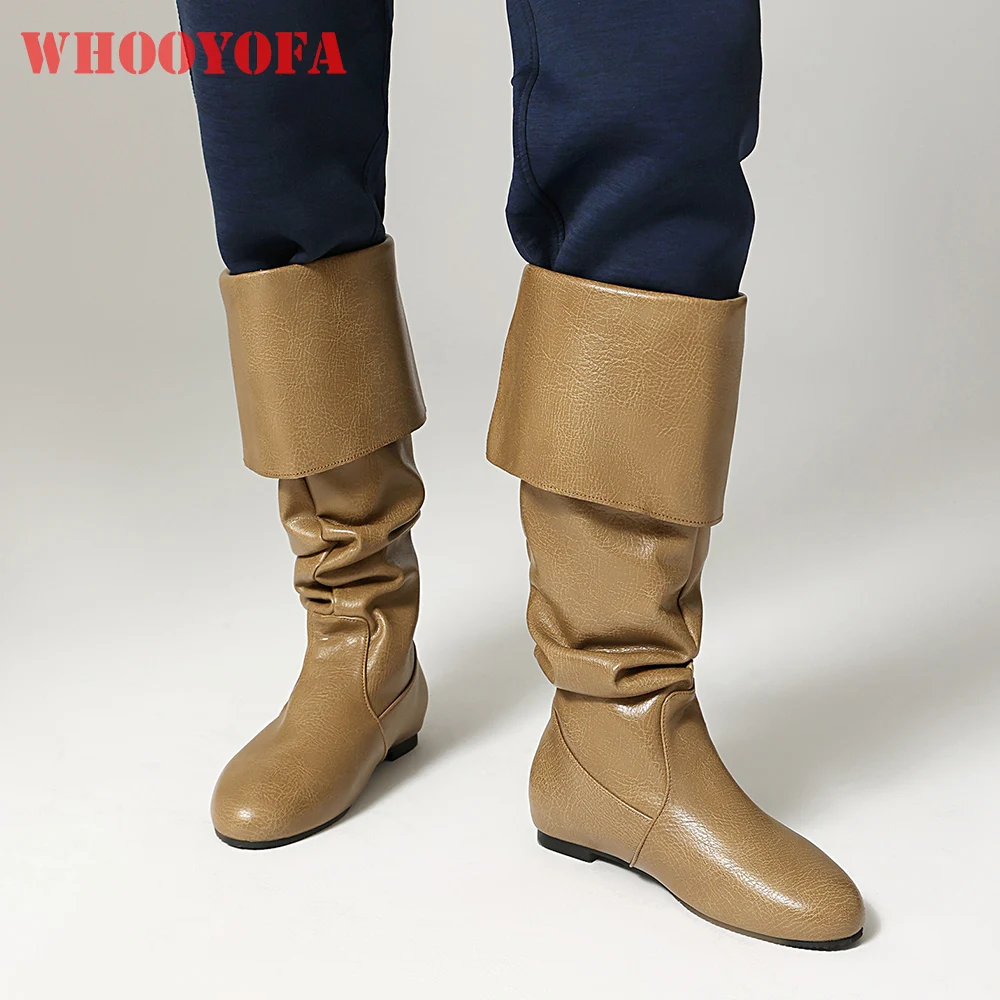 

2025 Winter New Lovely Khaki Black Women Mid Calf Casual Boots Slip On 1.5cm Flat School Lady Shoes Plus Big Size 43 46 48