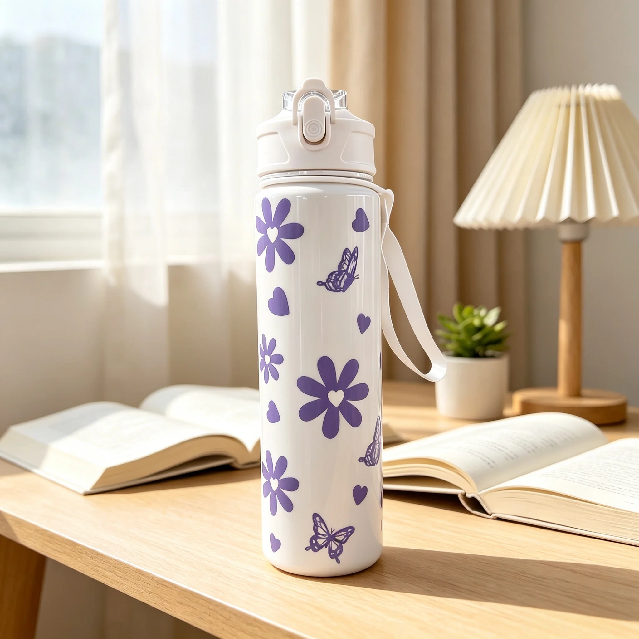 750ml Water Bottle Travel Sports Fitness Water Bottle with Carry Strap Straw Water Bottle Leak-Proof Large Capacity Water Bottle