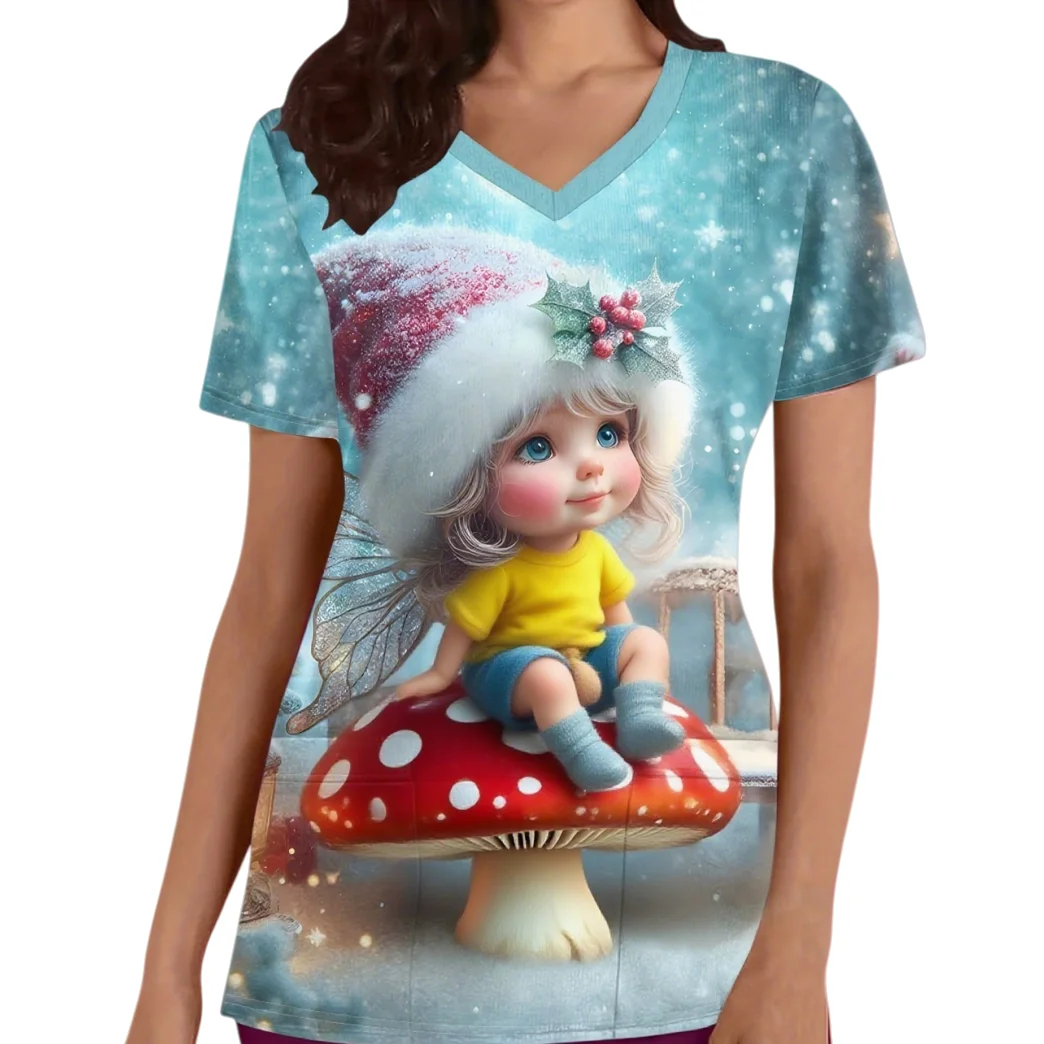 Dwarf Print Short Sleeve Thanksgiving V-Neck Scrubs Top with Pockets for Doctor Nurse Physician Dentist Women's Work Clothing