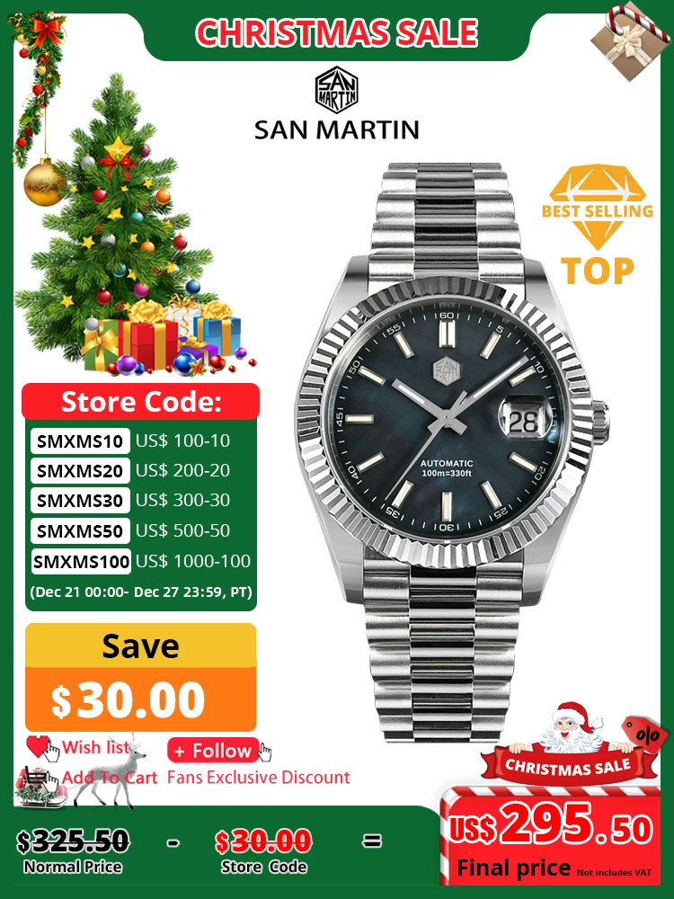 San Martin Men Watch 40mm Vintage MOP Dial Retro Business Luxury Sapphire PT5000 Automatic Mechanical Carving Fluted Bezel 10Bar